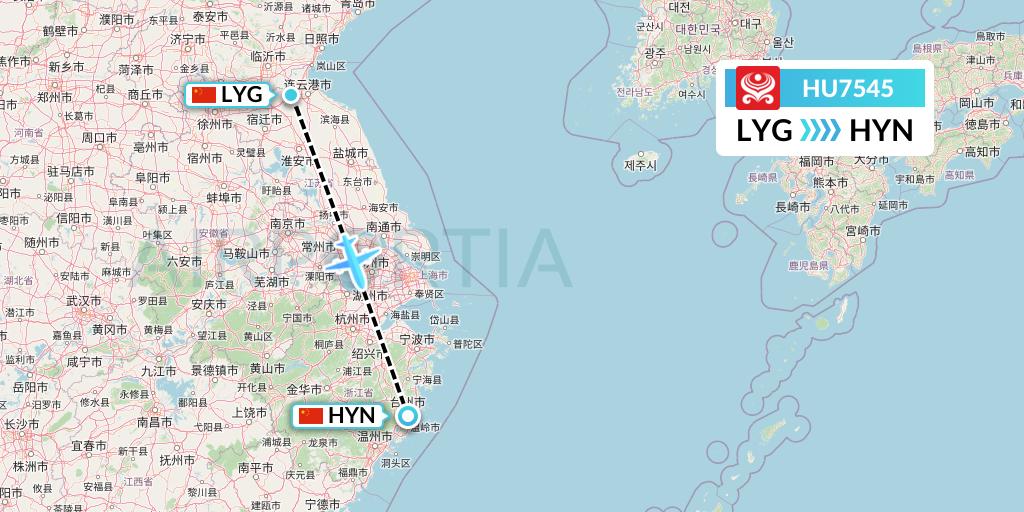 HU7545 Hainan Airlines Flight Map: Lianyungang to Huangyan