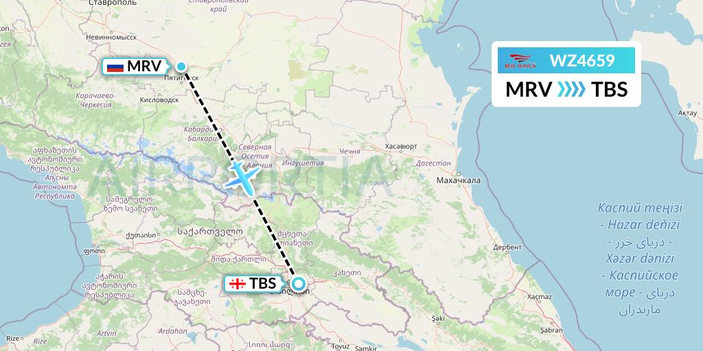WZ4659 Red Wings Flight Map: Mineralnye Vody to Tbilisi
