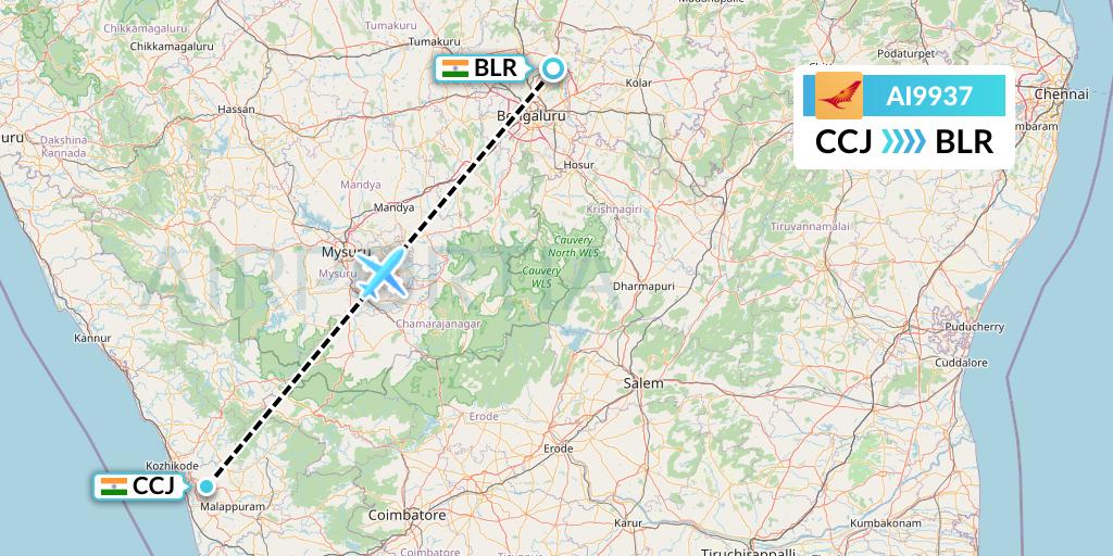 AI9937 Air India Flight Map: Kozhikode to Bangalore