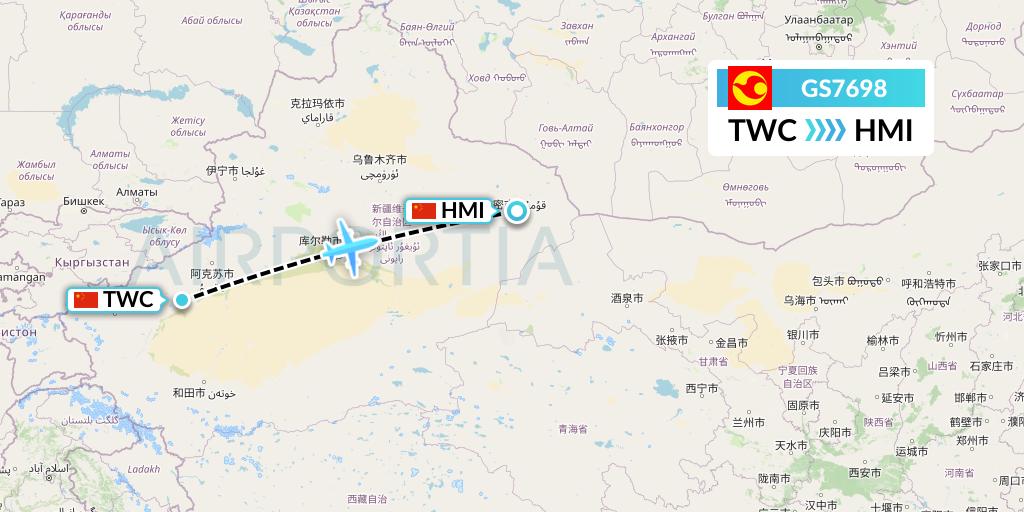 GS7698 Tianjin Airlines Flight Map: Kashgar to Hami City
