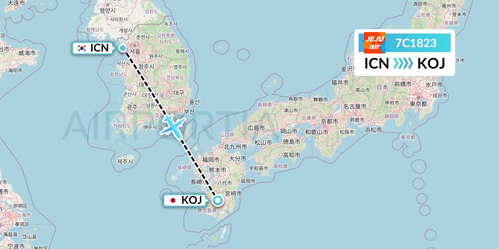 7C1823 Jeju Air Flight Map: Seoul to Kagoshima