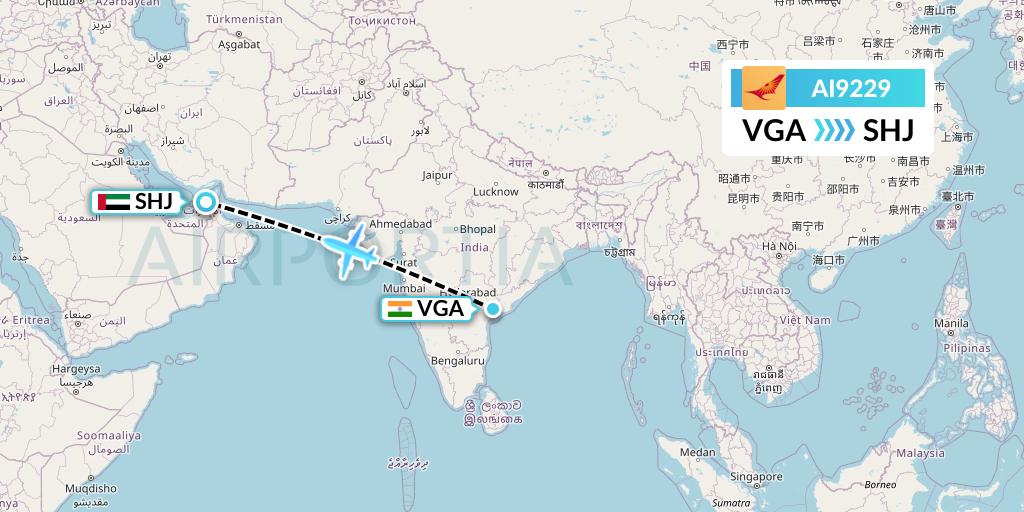 AI9229 Air India Flight Map: Vijayawada to Sharjah