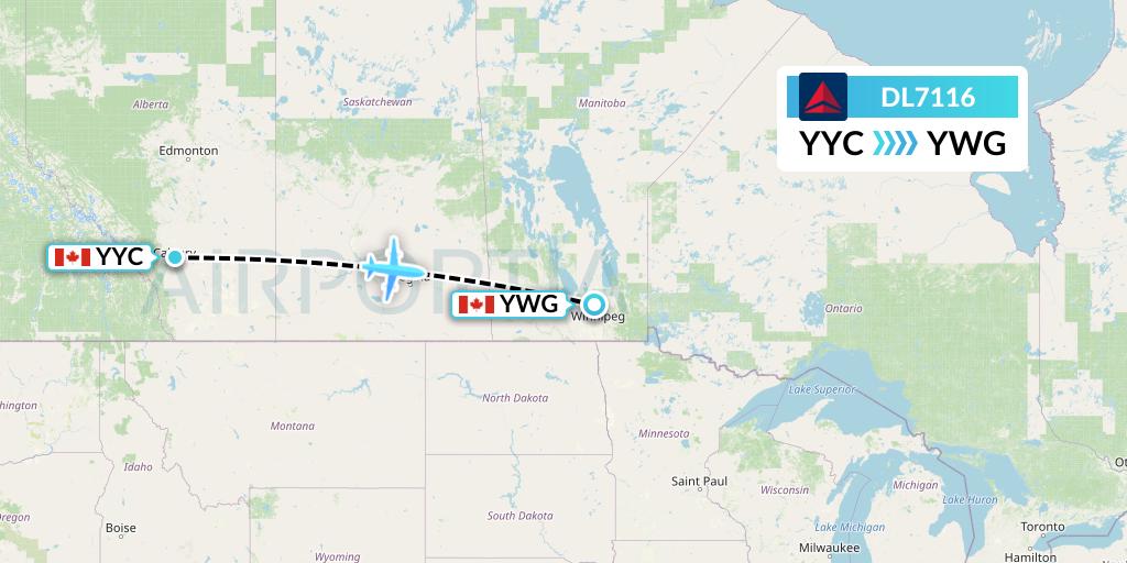 DL7116 Delta Air Lines Flight Map: Calgary to Winnipeg