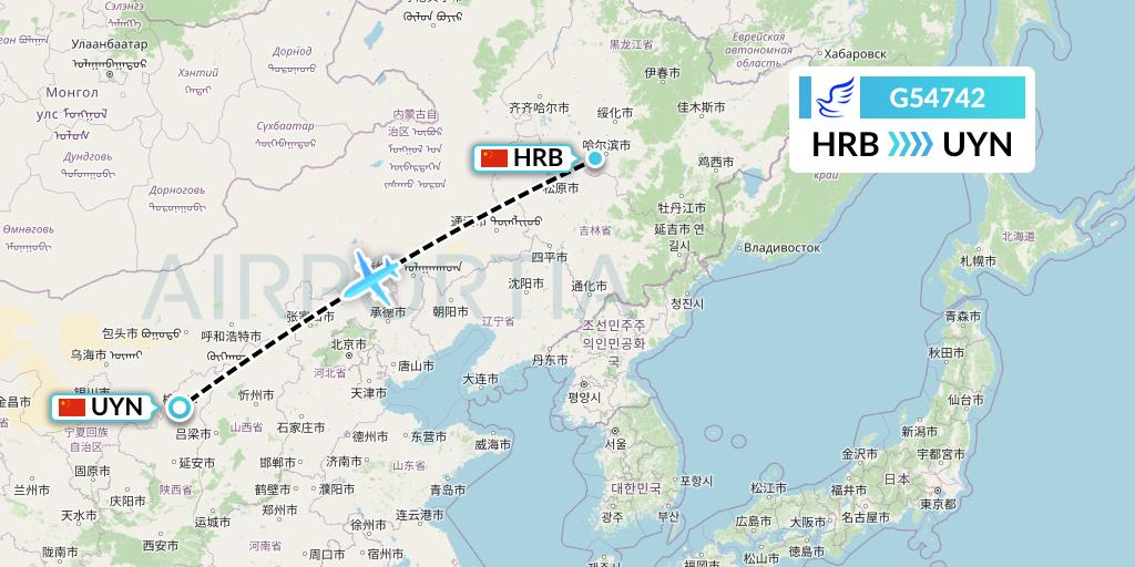G54742 China Express Airlines Flight Map: Harbin to Yulin