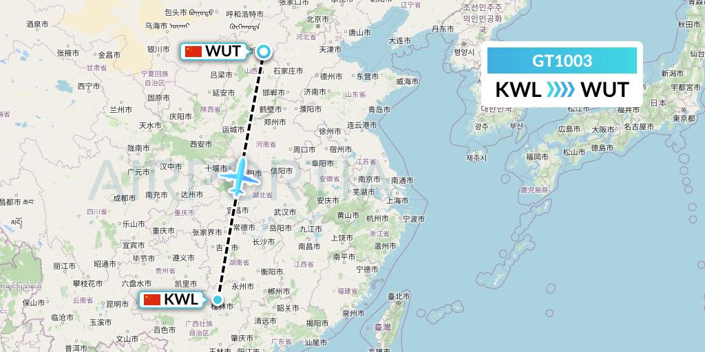 GT1003 Air Guilin Flight Map: Guilin to Taiyuan