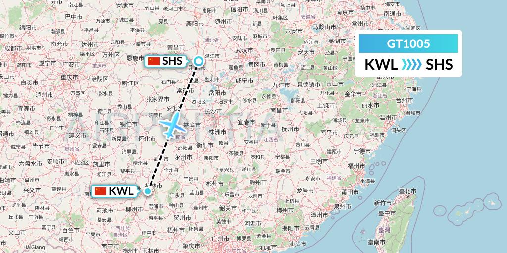 GT1005 Air Guilin Flight Map: Guilin to Shashi