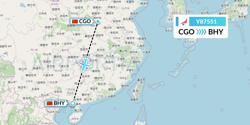 Y87551 Yangtze River Express Flight Map: Zhengzhou to Beihai