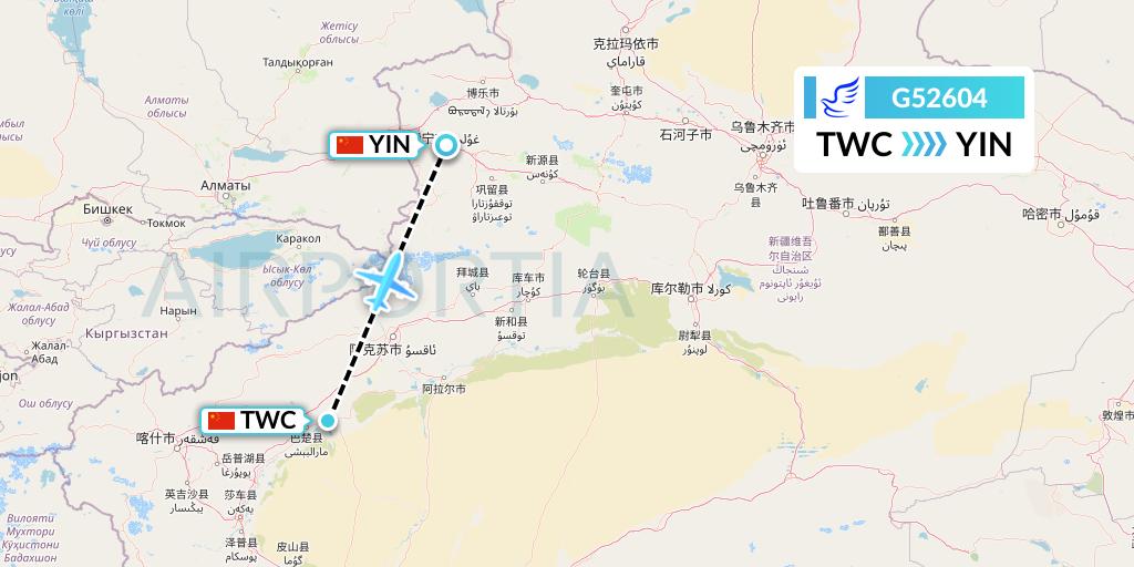 G52604 China Express Airlines Flight Map: Kashgar to Yining
