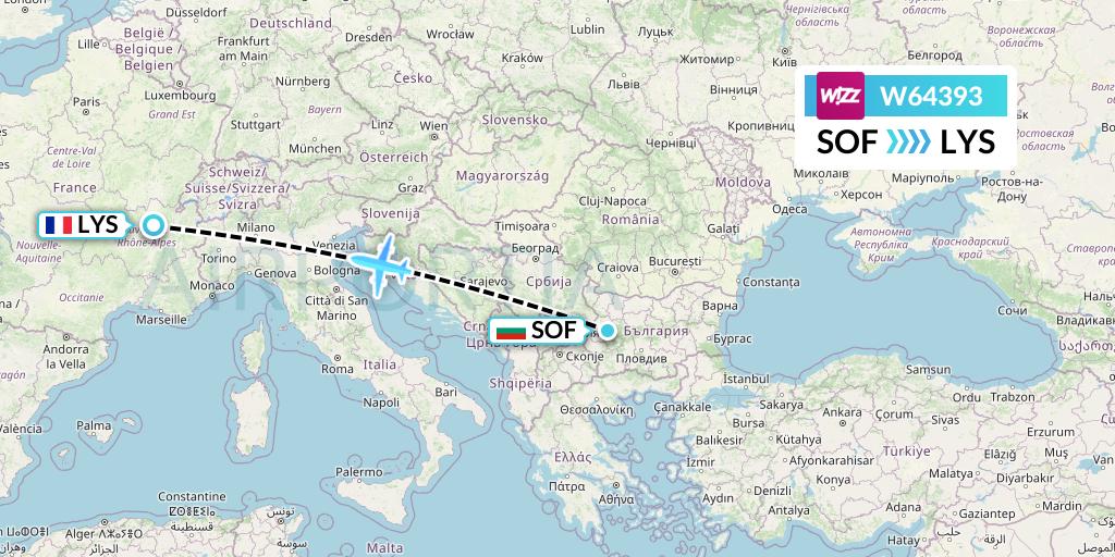 W64393 Wizz Air Flight Map: Sofia to Lyon