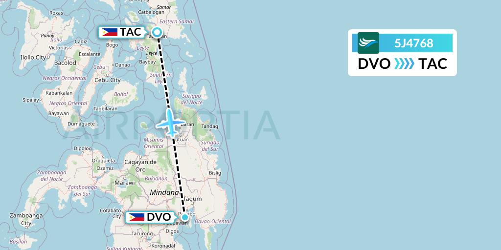 5J4768 CEBU Pacific Air Flight Map: Davao City to Tacloban