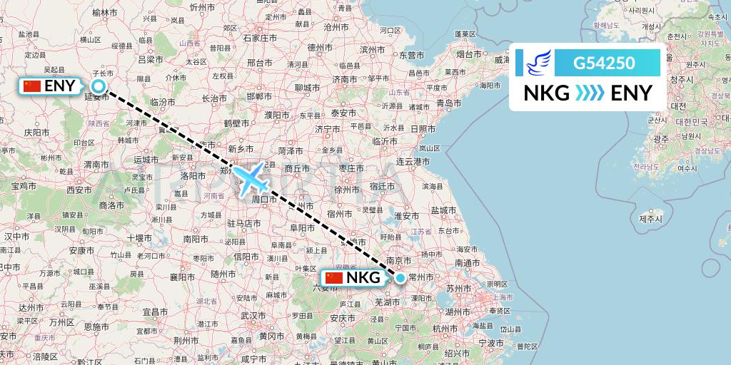 G54250 China Express Airlines Flight Map: Nanjing to Yan'an