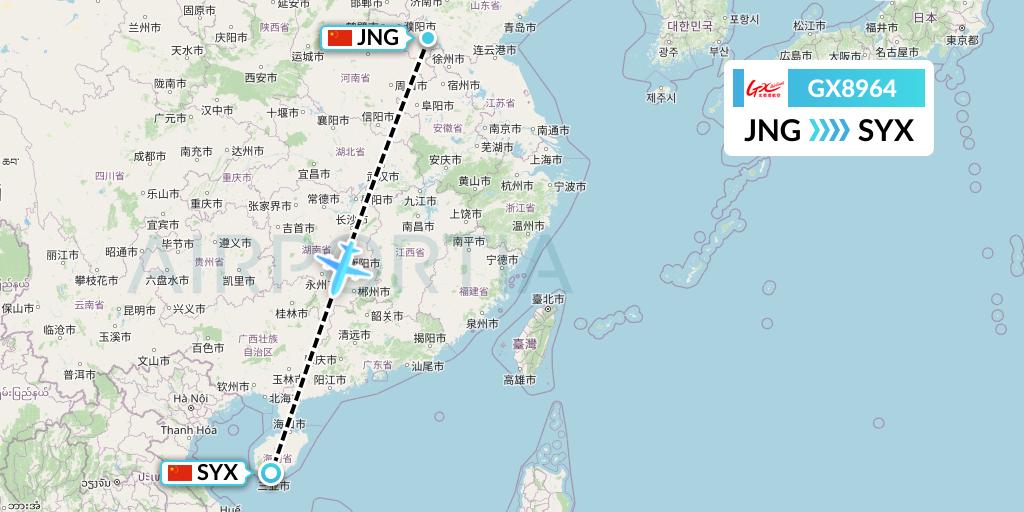 GX8964 GX Airlines Flight Map: Jining to Sanya