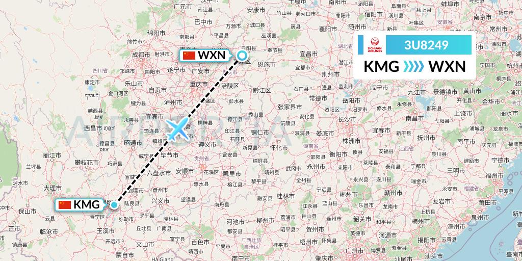 3U8249 Sichuan Airlines Flight Map: Kunming to Wanzhou