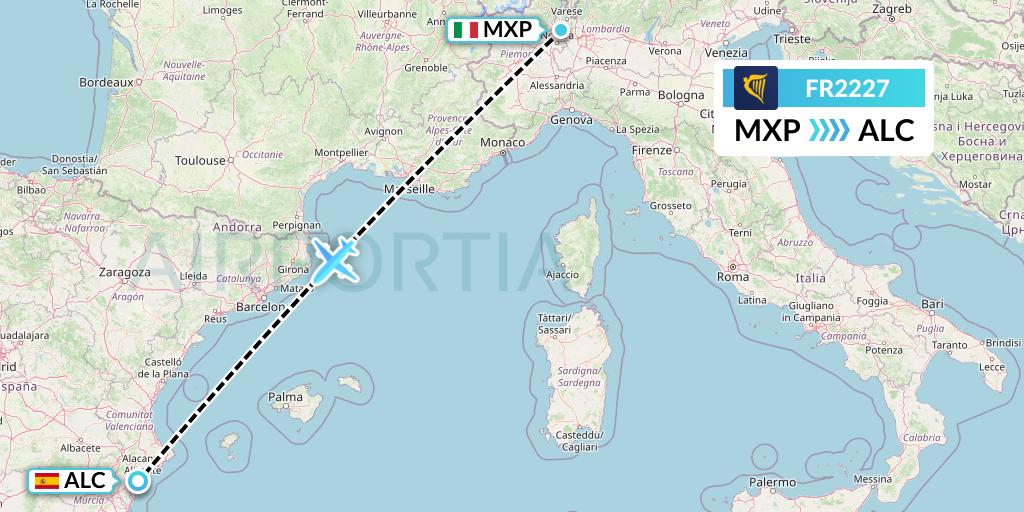 FR2227 Ryanair Flight Map: Milan to Alicante