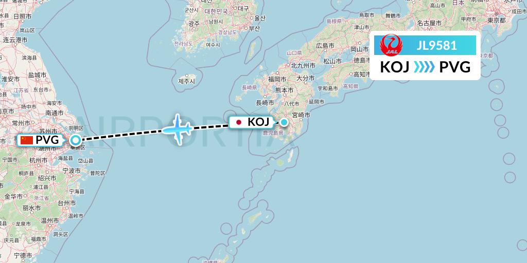 JL9581 Japan Airlines Flight Map: Kagoshima to Shanghai