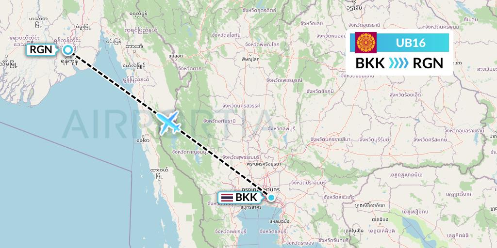 UB16 Myanmar National Airlines Flight Map: Bangkok to Yangon