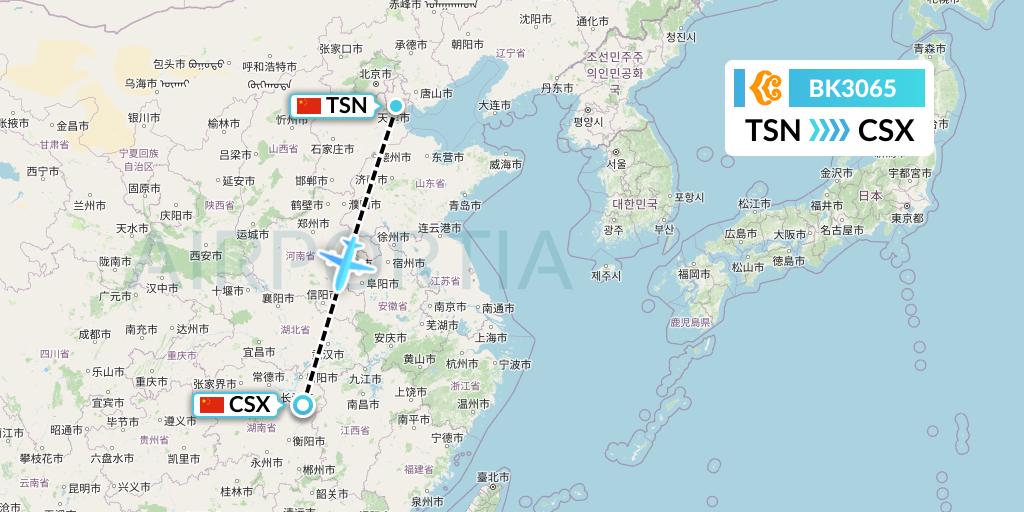 BK3065 Okay Airways Flight Map: Tianjin to Changsha