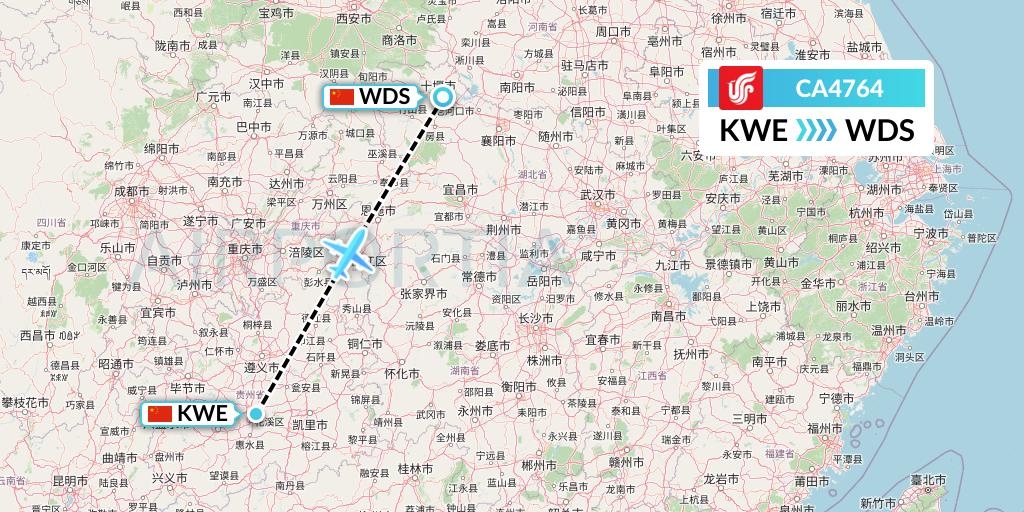 CA4764 Air China Flight Map: Guiyang to Shiyan