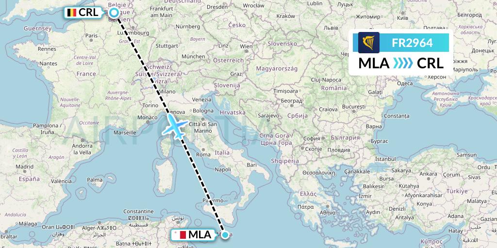 FR2964 Ryanair Flight Map: Malta to Brussels