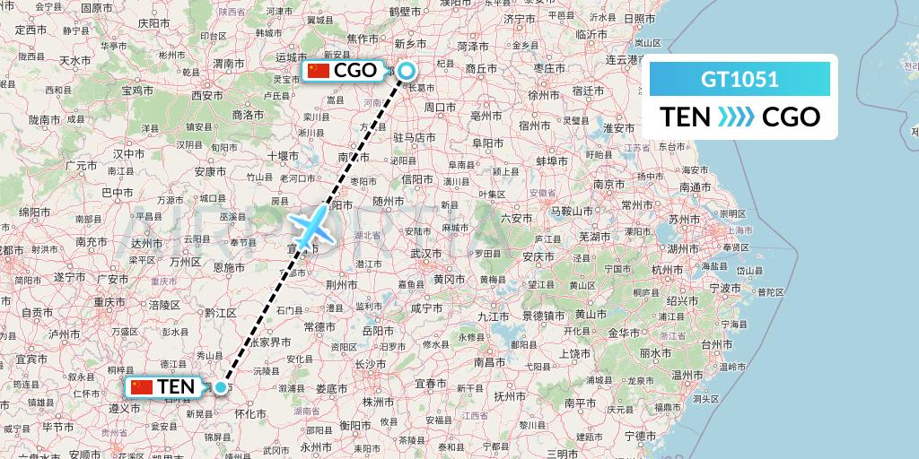 GT1051 Air Guilin Flight Map: Tongren to Zhengzhou
