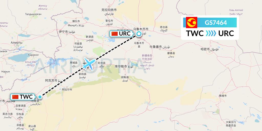 GS7464 Tianjin Airlines Flight Map: Kashgar to Urumqi