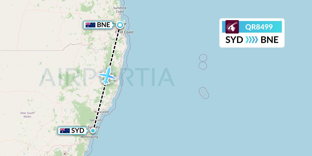 QR8499 Qatar Airways Flight Map: Sydney to Brisbane