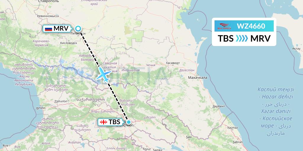 WZ4660 Red Wings Flight Map: Tbilisi to Mineralnye Vody