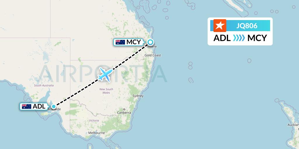 JQ806 Jetstar Airways Flight Map: Adelaide to Sunshine Coast