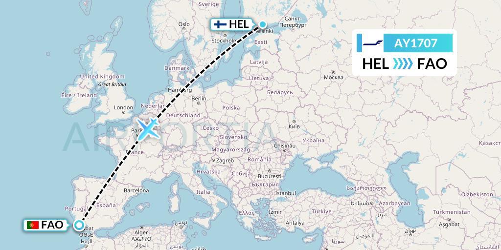 AY1707 Finnair Flight Map: Helsinki to Faro