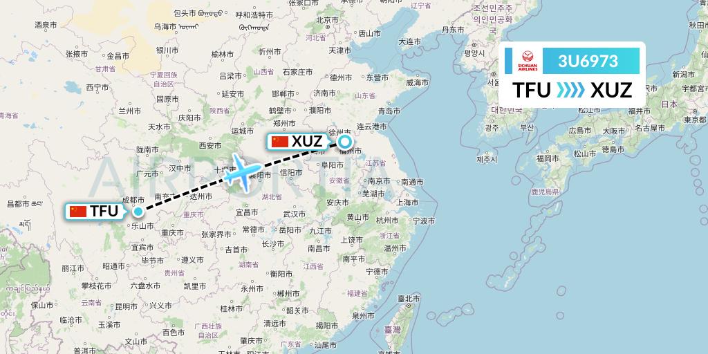 3U6973 Sichuan Airlines Flight Map: Chengdu to Xuzhou