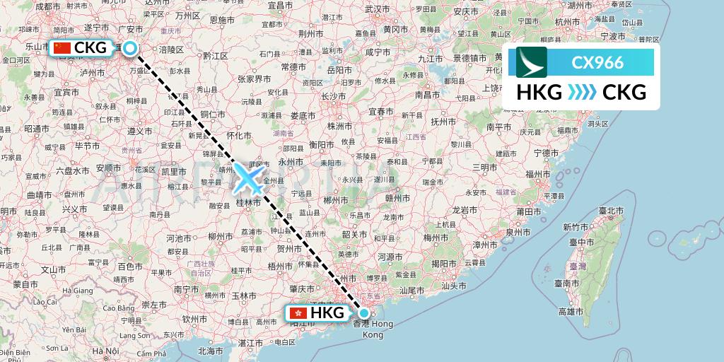 CX966 Cathay Pacific Flight Map: Hong Kong to Chongqing