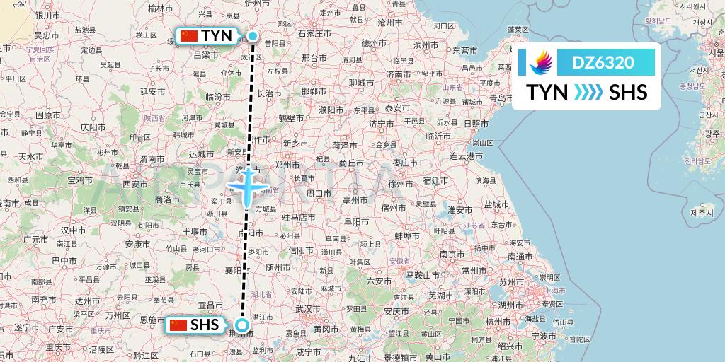 DZ6320 Donghai Airlines Flight Map: Taiyuan to Shashi