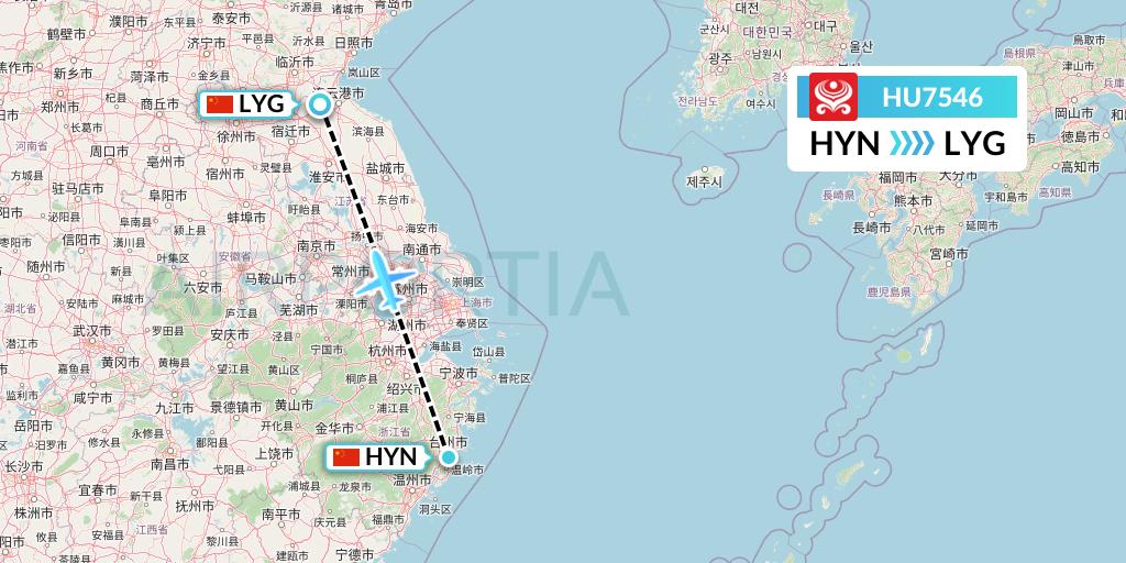 HU7546 Hainan Airlines Flight Map: Huangyan to Lianyungang