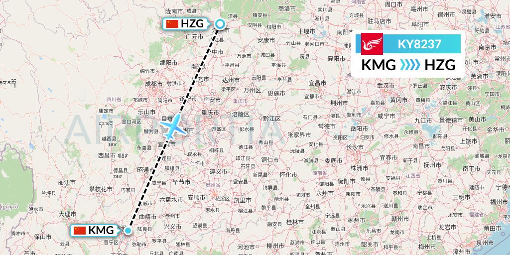KY8237 Kunming Airlines Flight Map: Kunming to Hanzhong