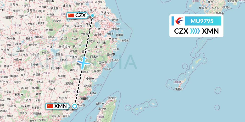 MU9795 China Eastern Airlines Flight Map: Changzhou to Xiamen