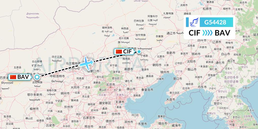 G54428 China Express Airlines Flight Map: Chifeng to Baotou
