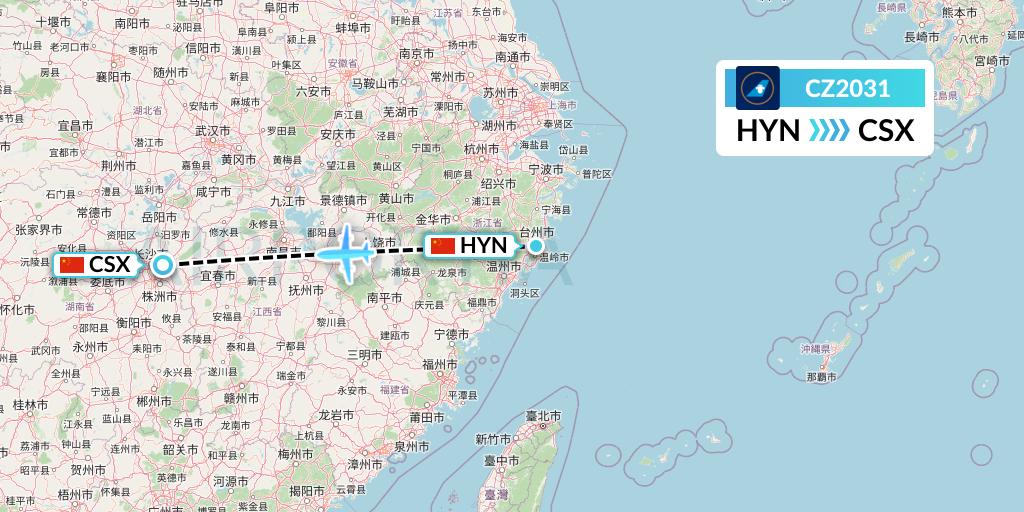 CZ2031 China Southern Airlines Flight Map: Huangyan to Changsha