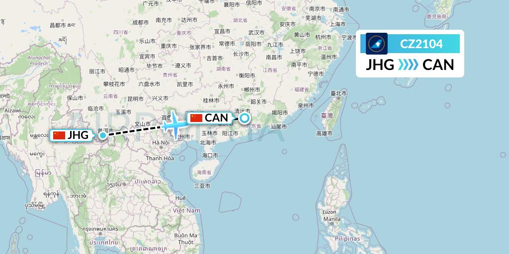CZ2104 China Southern Airlines Flight Map: Jinghong to Guangzhou