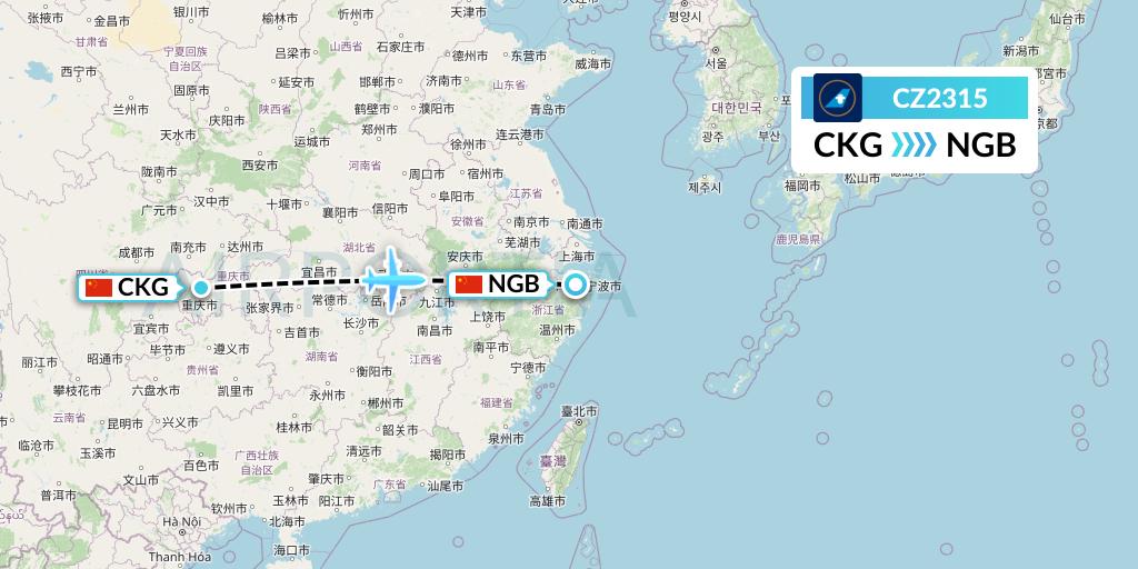 CZ2315 China Southern Airlines Flight Map: Chongqing to Ningbo