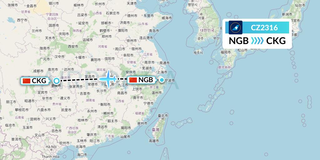 CZ2316 China Southern Airlines Flight Map: Ningbo to Chongqing