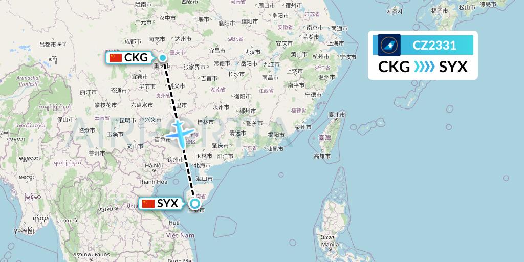 CZ2331 China Southern Airlines Flight Map: Chongqing to Sanya
