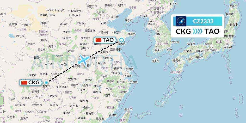 CZ2333 China Southern Airlines Flight Map: Chongqing to Qingdao