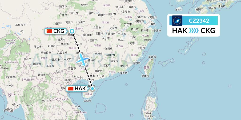 CZ2342 China Southern Airlines Flight Map: Haikou to Chongqing