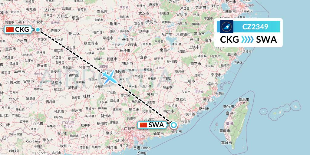 CZ2349 China Southern Airlines Flight Map: Chongqing to Jieyang