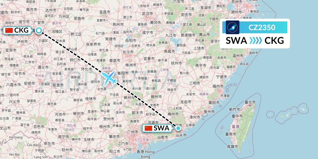 CZ2350 China Southern Airlines Flight Map: Jieyang to Chongqing