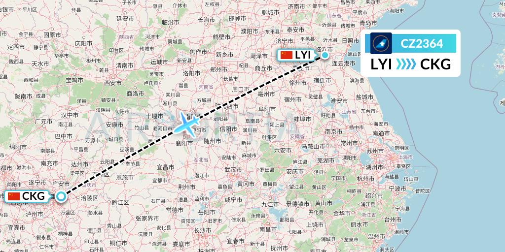 CZ2364 China Southern Airlines Flight Map: Linyi to Chongqing