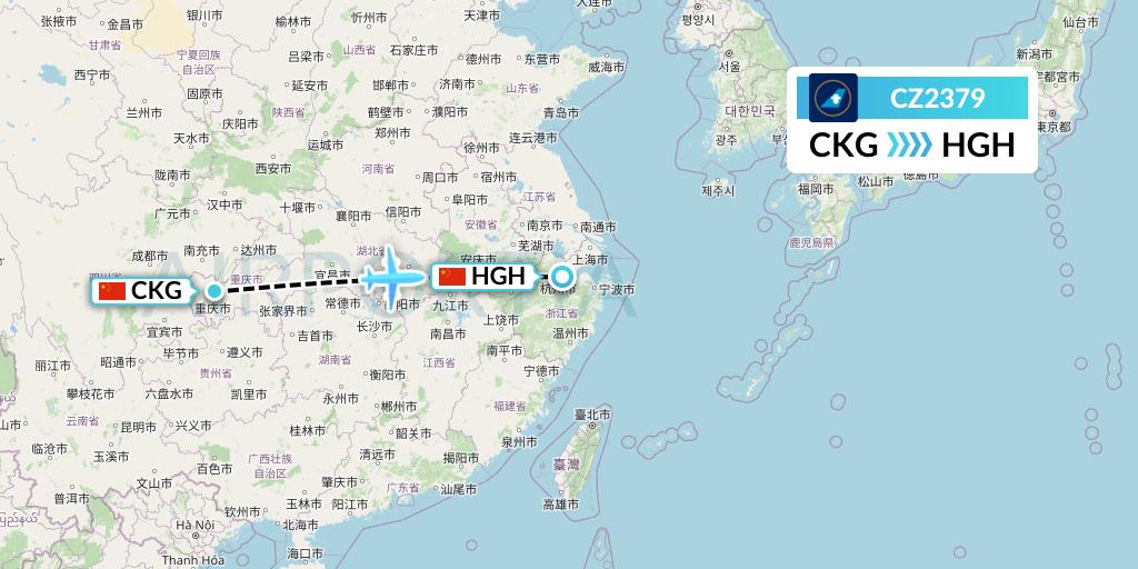 CZ2379 China Southern Airlines Flight Map: Chongqing to Hangzhou