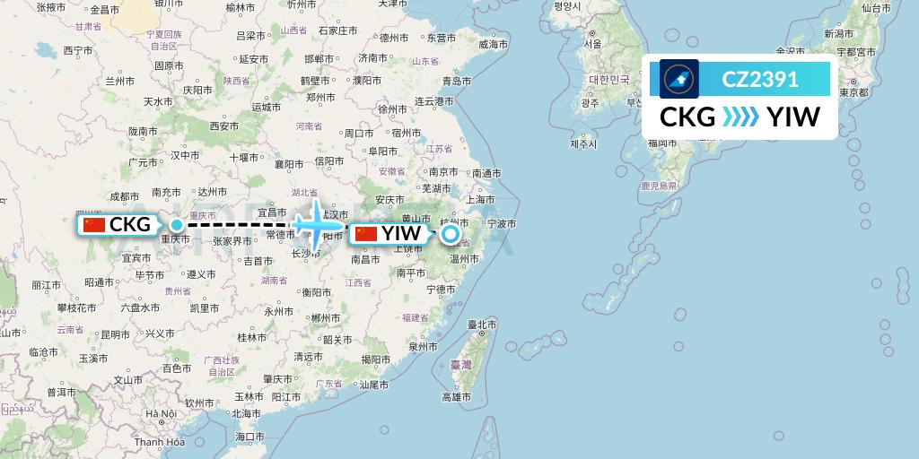 CZ2391 China Southern Airlines Flight Map: Chongqing to Yiwu
