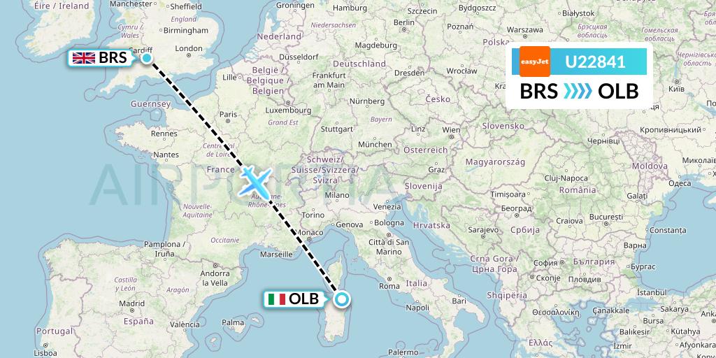 U22841 EasyJet Flight Map: Bristol to Olbia