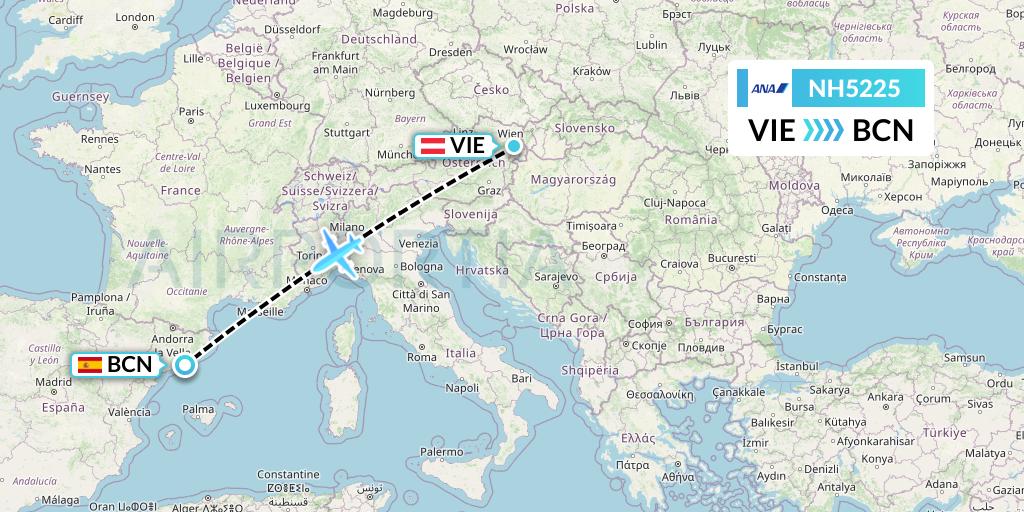 NH5225 All Nippon Airways Flight Map: Vienna to Barcelona